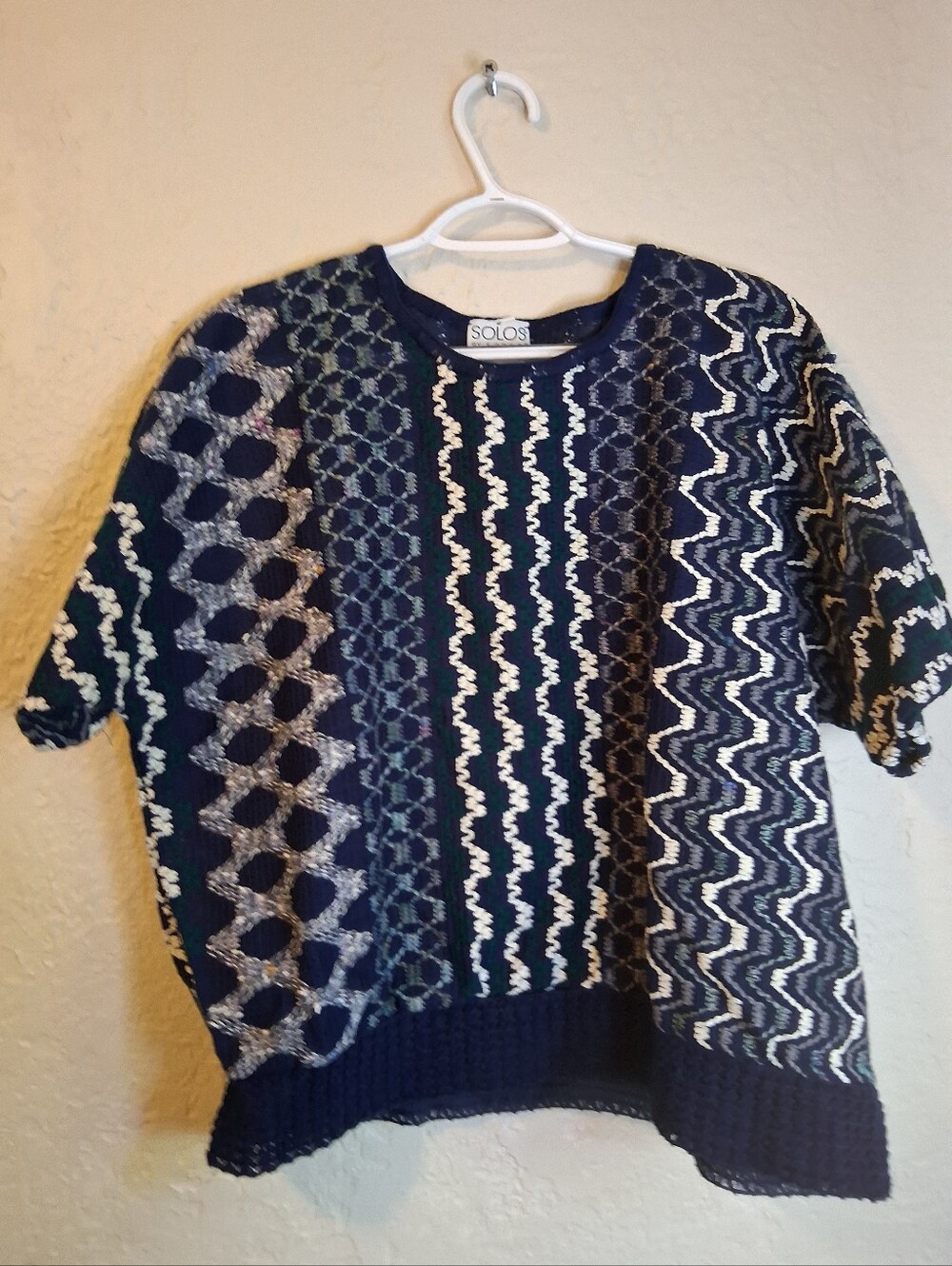 Koret Vintage Navy and Cream Patterned Crewneck Short Sleeve Sweater SZ XL